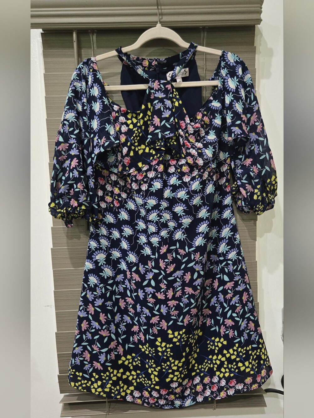 Halter Style Nanette Lepore Navy Floral  Off Shoulder Sleeve Dress